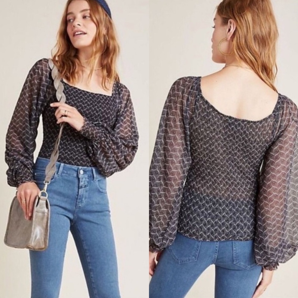 ANTHROPOLOGY smocked long sleeve blouse size M